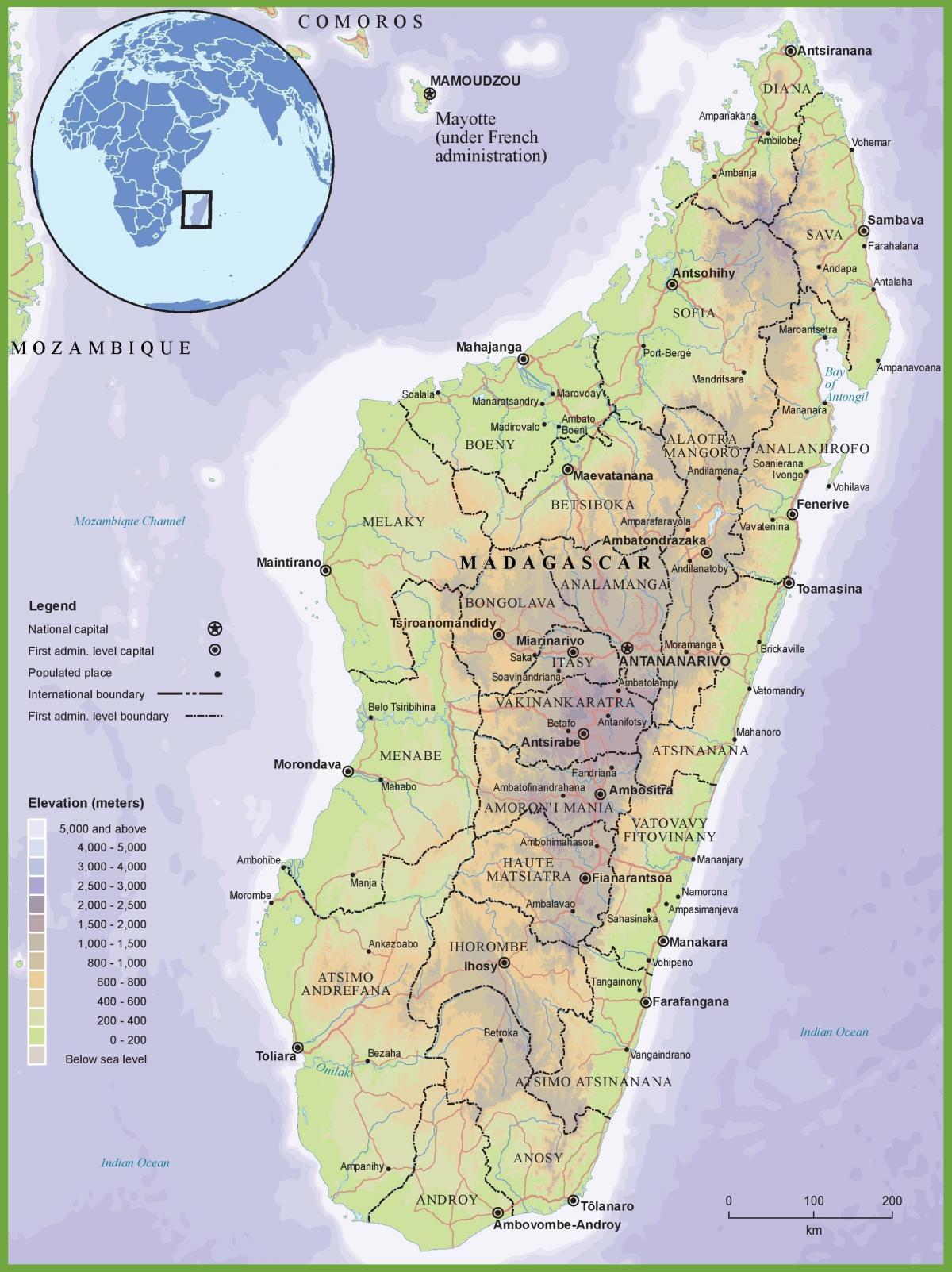 карта на физичка карта на Мадагаскар
